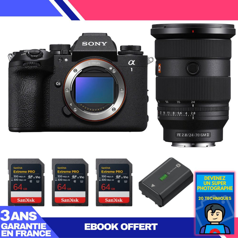 Sony Alpha 1 II Camera Body + FE 24-70mm f/2.8 GM II Lens + 3 SanDisk 64GB Extreme PRO UHS-II SDXC Cards + Sony NP-FZ100 Battery + Ebook 'Become a Super Photographer'