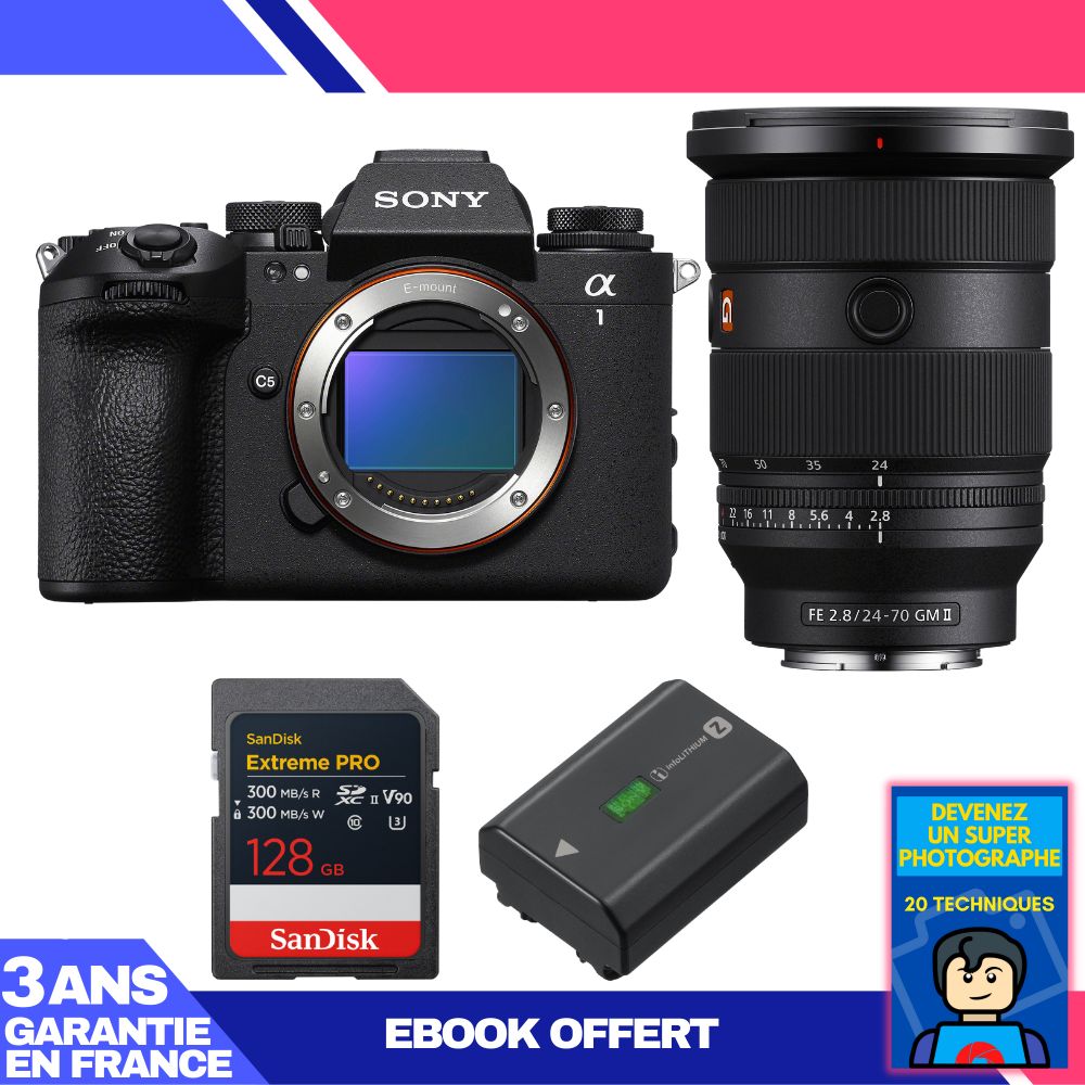 Sony Alpha 1 II Camera Body + FE 24-70mm f/2.8 GM II Lens + 1 SanDisk 128GB Extreme PRO UHS-II SDXC Card + Sony NP-FZ100 Battery + Ebook 'Become a Super Photographer