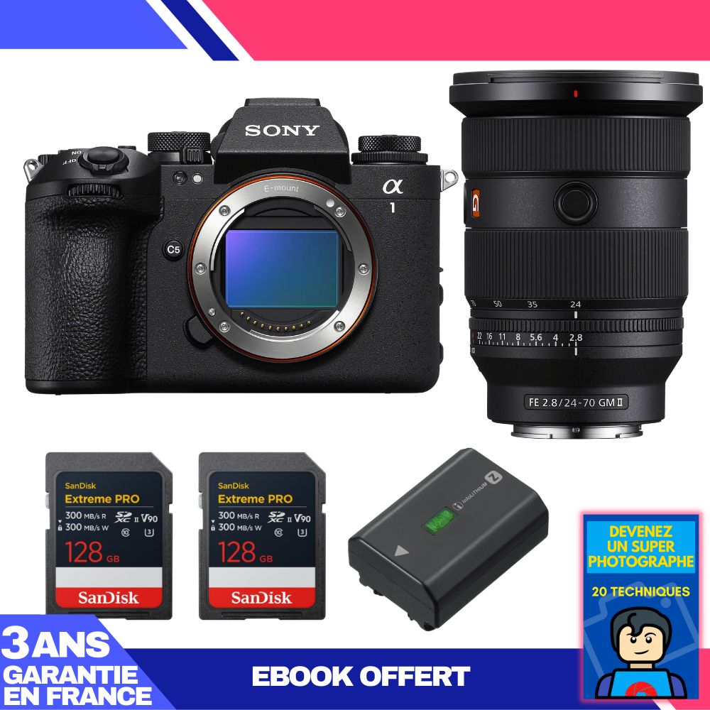 Sony Alpha 1 II Camera Body + FE 24-70mm f/2.8 GM II Lens + 2 SanDisk 128GB Extreme PRO UHS-II SDXC Cards + Sony NP-FZ100 Battery + Ebook