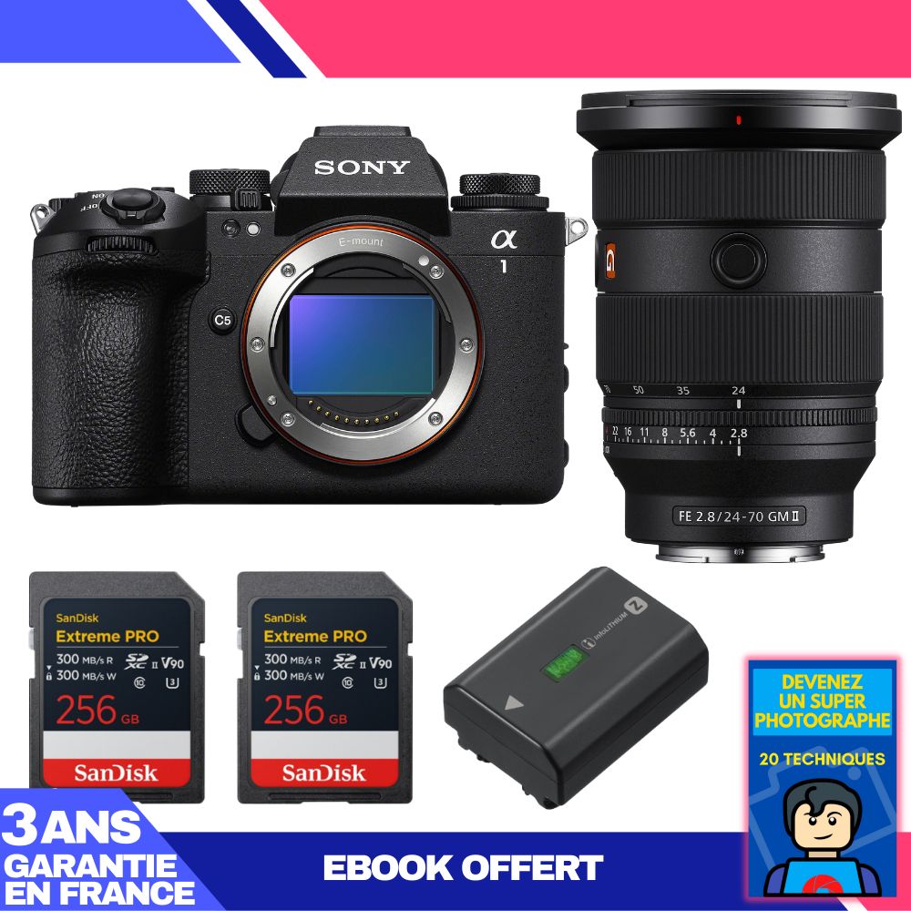 Sony Alpha 1 II Camera Body + FE 24-70mm f/2.8 GM II Lens + 2x SanDisk 256GB Extreme PRO UHS-II SDXC Cards + Sony NP-FZ100 Battery + 'Become a Super Photographer' Ebook