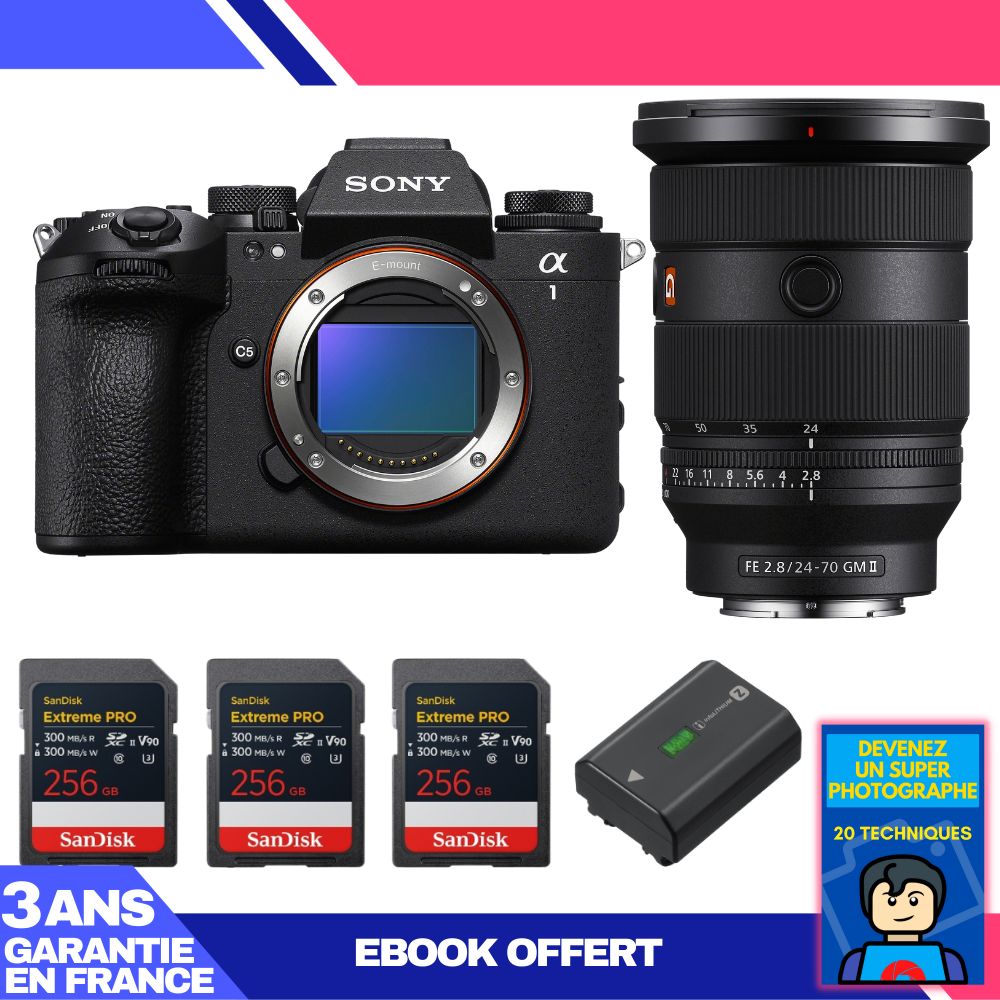 Sony Alpha 1 II Camera Body + FE 24-70mm f/2.8 GM II Lens + 3 SanDisk 256GB Extreme PRO UHS-II SDXC Cards + Sony NP-FZ100 Battery + Ebook