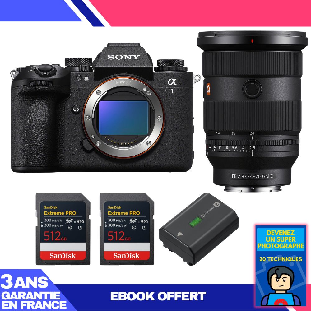 Sony Alpha 1 II Body + FE 24-70mm f/2.8 GM II Lens + 2x SanDisk 512GB Extreme PRO UHS-II SDXC Cards + Sony NP-FZ100 Battery + Ebook 'Become a Superphotographer