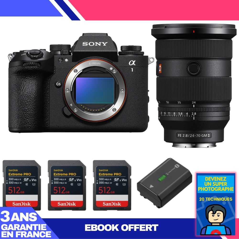 Sony Alpha 1 II Body + FE 24-70mm f/2.8 GM II + 3x 512GB SanDisk Extreme PRO UHS-II SDXC + Sony NP-FZ100 + Ebook 'Devenez Un Super Photographe