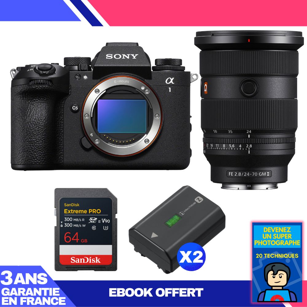 Sony Alpha 1 II Camera Body + FE 24-70mm f/2.8 GM II Lens + 1 SanDisk 64GB Extreme PRO UHS-II SDXC + 2 Sony NP-FZ100 Batteries + Ebook