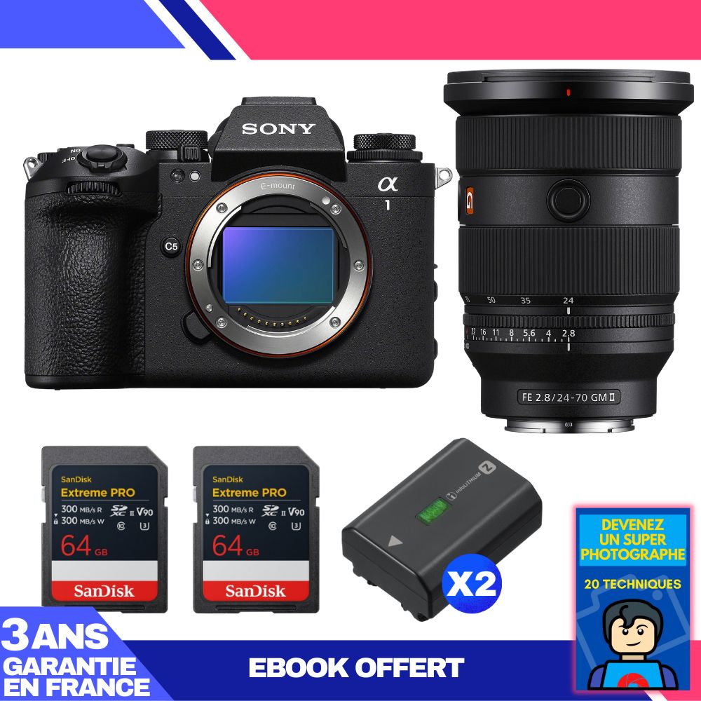 Sony Alpha 1 II Body + FE 24-70mm f/2.8 GM II Lens + 2 SanDisk 64GB Extreme PRO UHS-II SDXC Cards + 2 Sony NP-FZ100 Batteries + 'Become a Super Photographer' Ebook