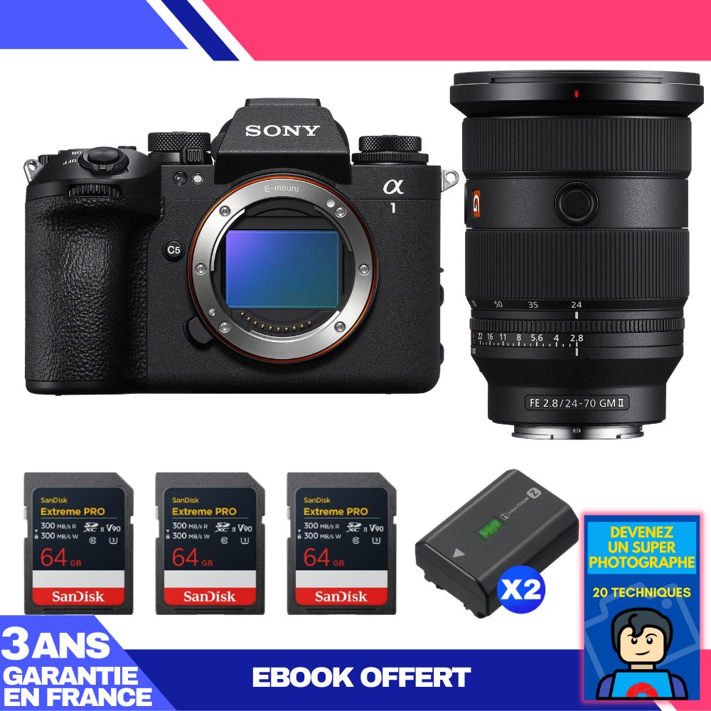 Sony Alpha 1 II Body + FE 24-70mm f/2.8 GM II Lens + 3 SanDisk 64GB Extreme PRO UHS-II SDXC Cards + 2 Sony NP-FZ100 Batteries + 'Become a Super Photographer Ebook