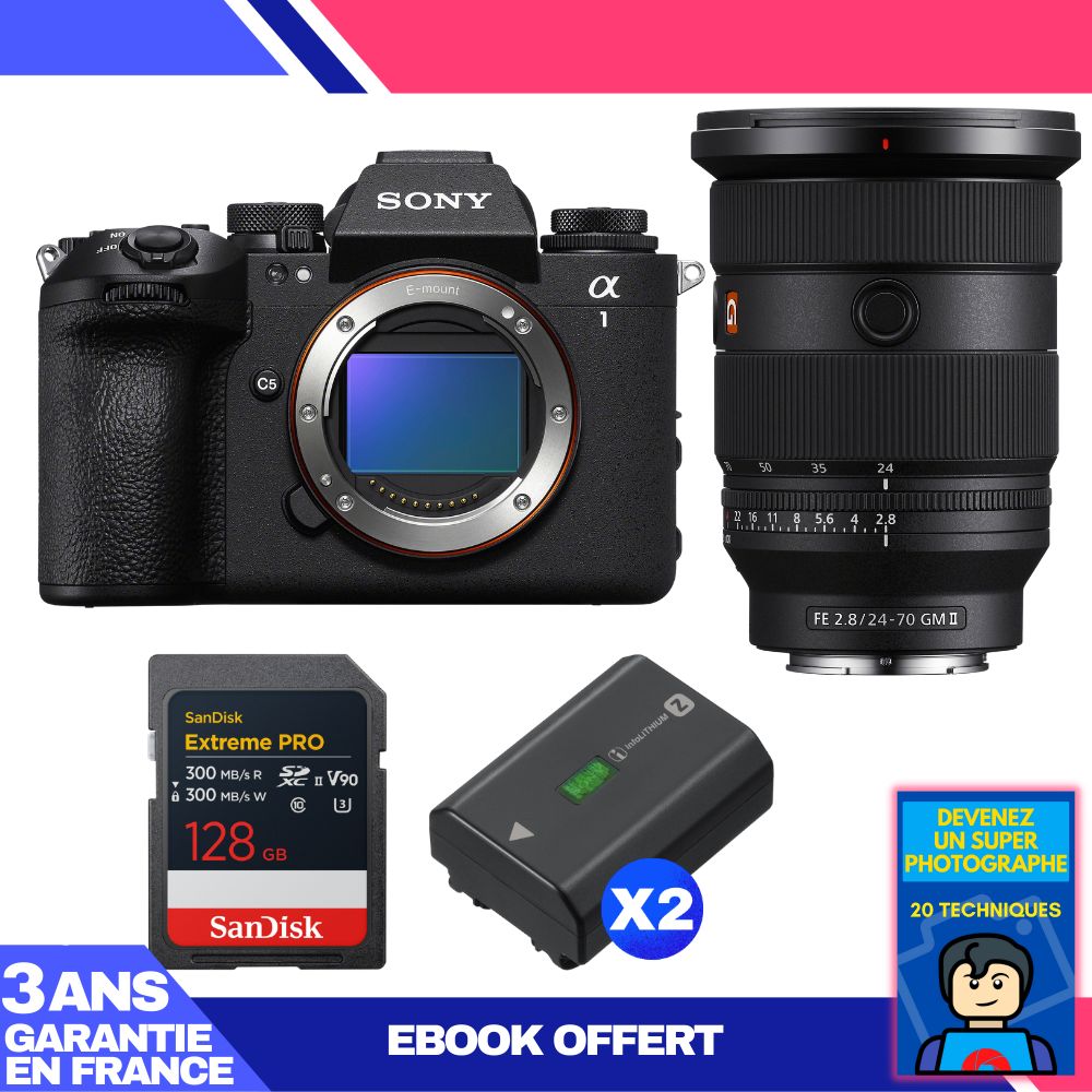 Sony Alpha 1 II Camera Body + FE 24-70mm f/2.8 GM II Lens + 1 SanDisk 128GB Extreme PRO UHS-II SDXC + 2 Sony NP-FZ100 Batteries + Ebook 'Become a Super Photographer'