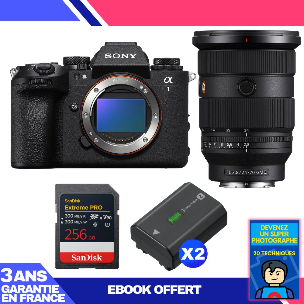 Sony Alpha 1 II Camera Body + FE 24-70mm f/2.8 GM II Lens + 1 SanDisk 256GB Extreme PRO UHS-II SDXC Card + 2 Sony NP-FZ100 Batteries + Ebook 'Become a Super Photographer'