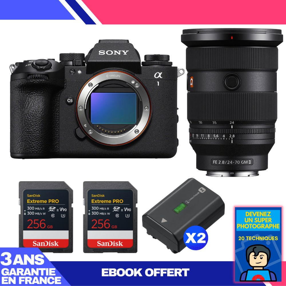 Sony Alpha 1 II Camera Body + FE 24-70mm f/2.8 GM II Lens + 2x SanDisk 256GB Extreme PRO UHS-II SDXC Cards + 2x Sony NP-FZ100 Batteries + Ebook 'Become a Super Photographer'