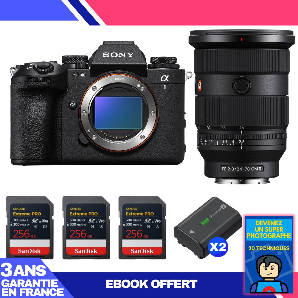 Sony Alpha 1 II Camera Body + FE 24-70mm f/2.8 GM II Lens + 3 SanDisk 256GB Extreme PRO UHS-II SDXC Cards + 2 Sony NP-FZ100 Batteries + Ebook 'Become a Super Photographer'