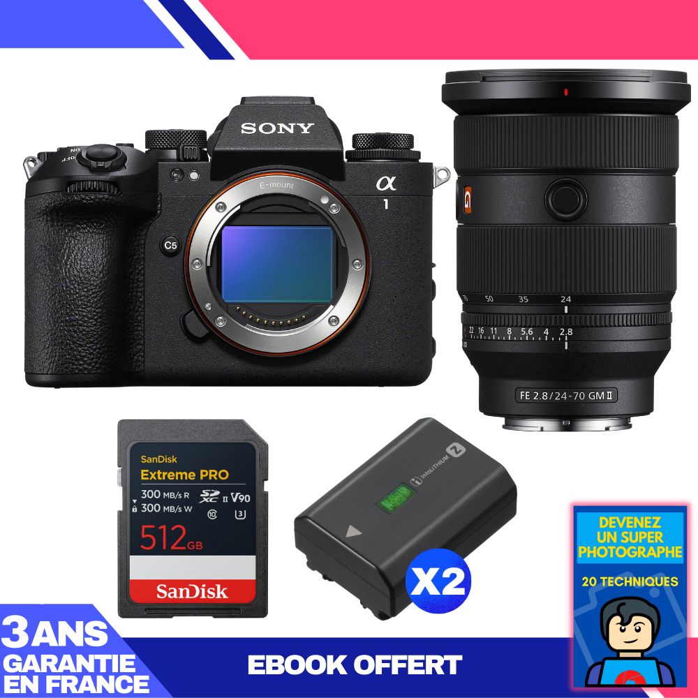 Sony Alpha 1 II Camera Body + FE 24-70mm f/2.8 GM II Lens + 1 SanDisk 512GB Extreme PRO UHS-II SDXC Card + 2 Sony NP-FZ100 Batteries + Ebook 'Become a Super Photographer'