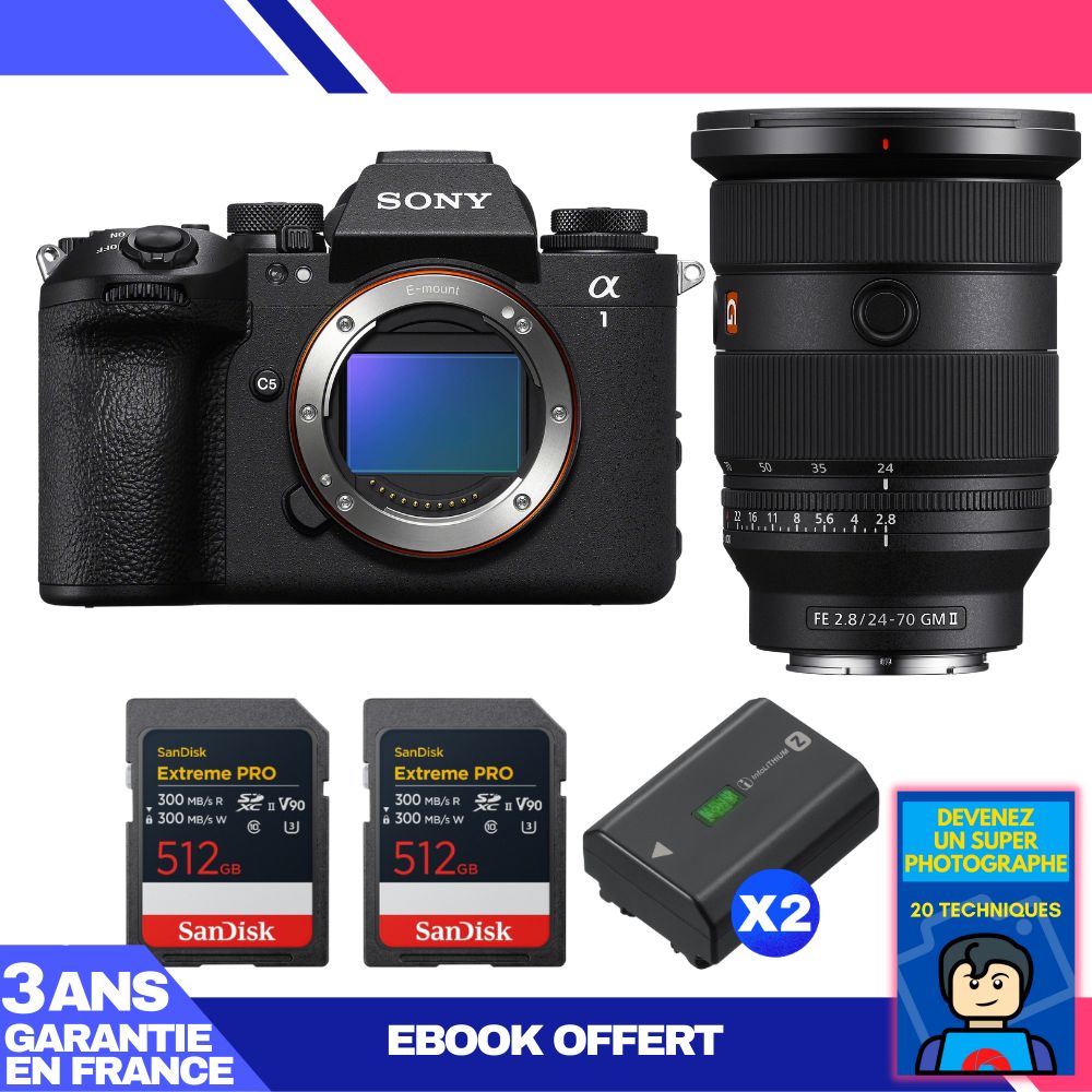Sony Alpha 1 II Camera Body + FE 24-70mm f/2.8 GM II Lens + 2x SanDisk 512GB Extreme PRO UHS-II SDXC Cards + 2x Sony NP-FZ100 Batteries + Ebook 'Devenez Un Super Photographe