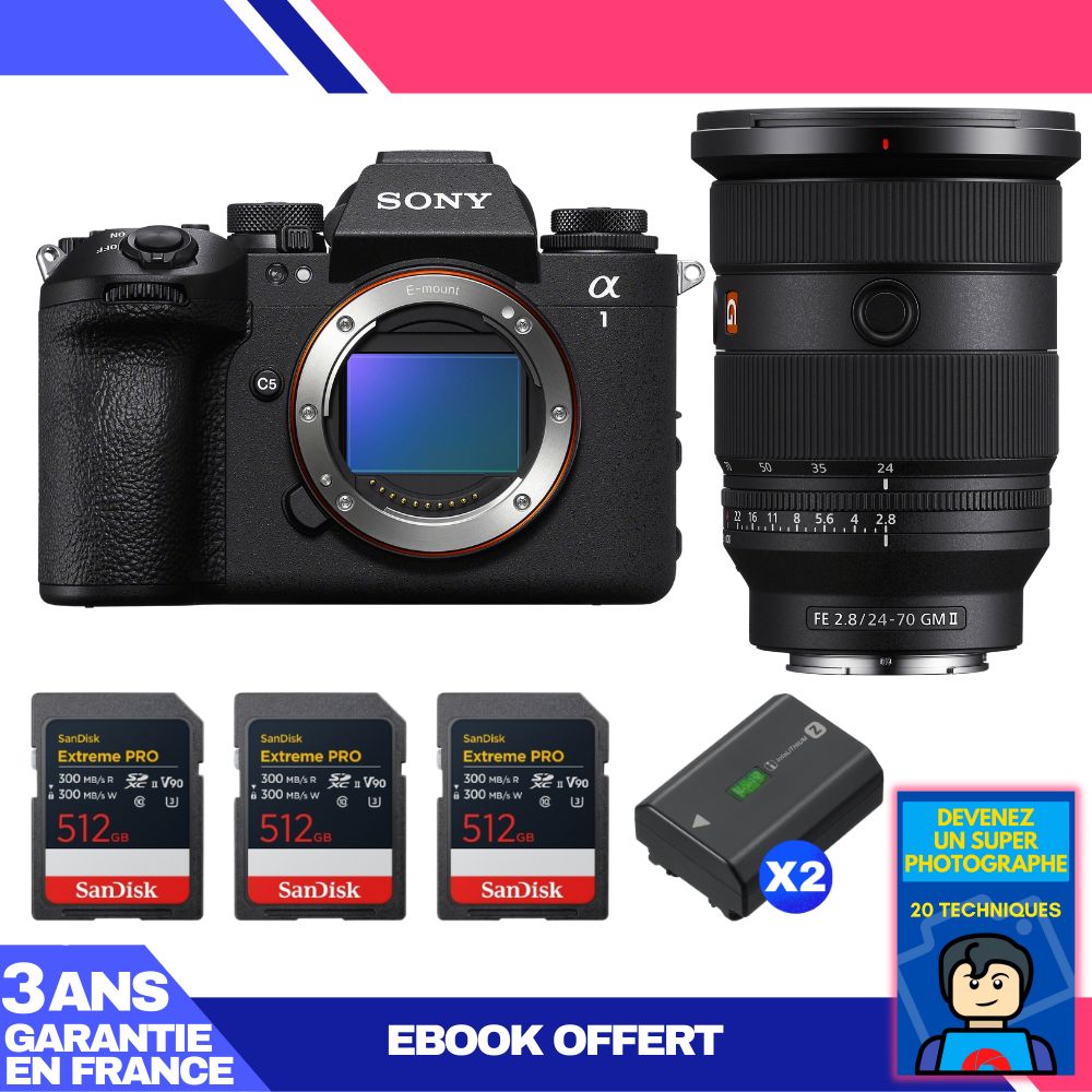 Sony Alpha 1 II Camera Body + FE 24-70mm f/2.8 GM II Lens + 3 SanDisk 512GB Extreme PRO UHS-II SDXC Cards + 2 Sony NP-FZ100 Batteries + Ebook 'Become a Super Photographer'