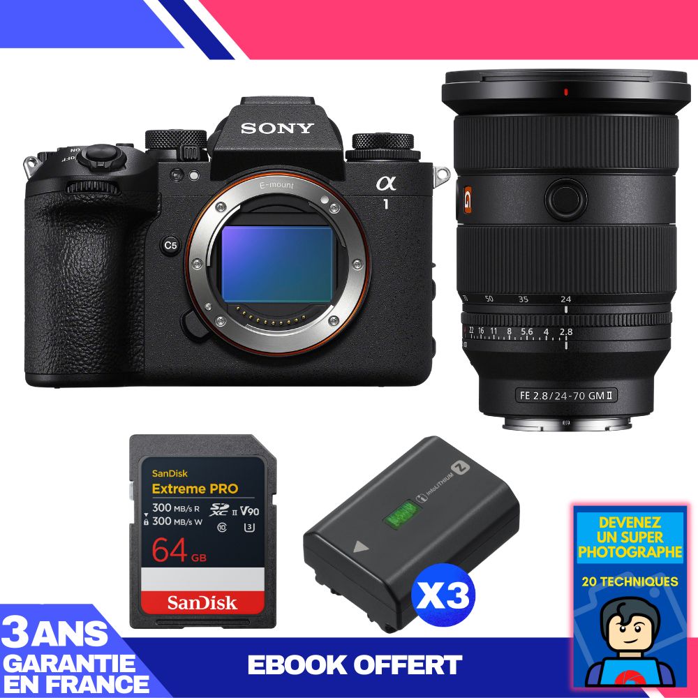 Sony Alpha 1 II Camera Body + FE 24-70mm f/2.8 GM II Lens + 1 SanDisk 64GB Extreme PRO UHS-II SDXC + 3 Sony NP-FZ100 Batteries + Ebook 'Become a Super Photographer'