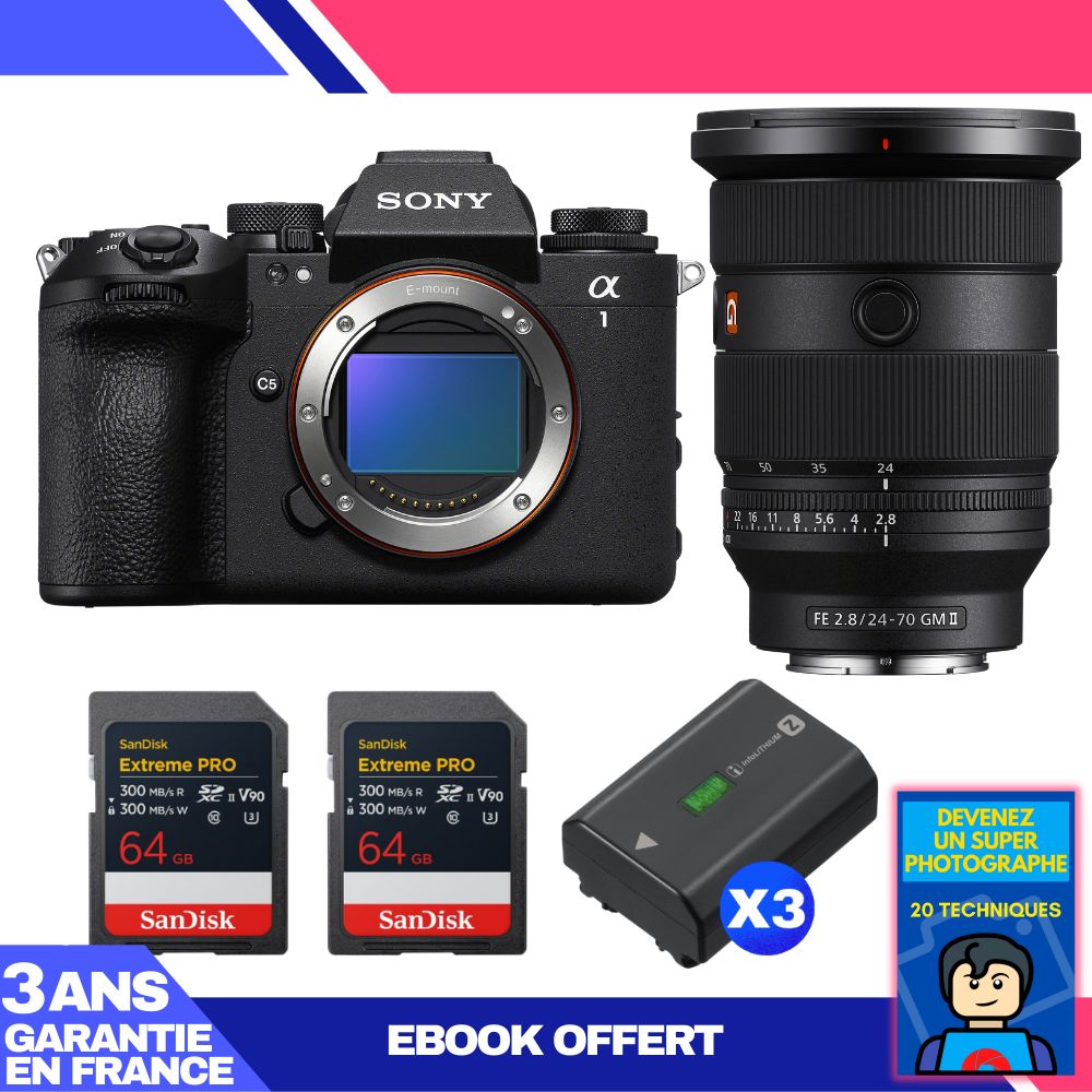 Sony Alpha 1 II Camera Body + FE 24-70mm f/2.8 GM II Lens + 2 SanDisk 64GB Extreme PRO UHS-II SDXC Cards + 3 Sony NP-FZ100 Batteries + Ebook 'Become a Super Photographer'