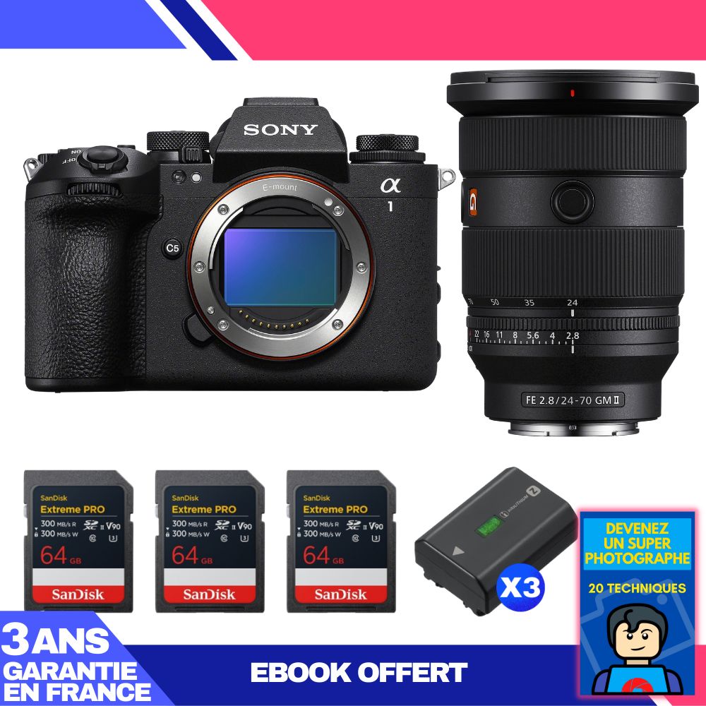Sony Alpha 1 II Body + FE 24-70mm f/2.8 GM II Lens + 3 SanDisk 64GB Extreme PRO UHS-II SDXC Cards + 3 Sony NP-FZ100 Batteries + Ebook 'Devenez Un Super Photographe