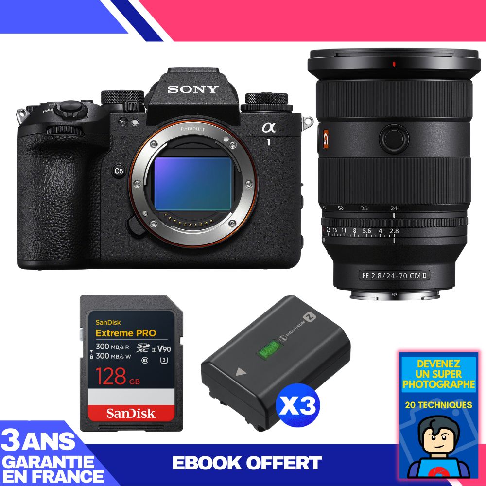 Sony Alpha 1 II Body + FE 24-70mm f/2.8 GM II Lens + 1 SanDisk 128GB Extreme PRO UHS-II SDXC + 3 Sony NP-FZ100 Batteries + Ebook 'Devenez Un Super Photographe