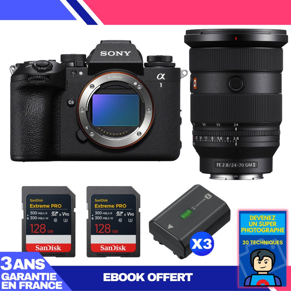 Sony Alpha 1 II Camera Body + FE 24-70mm f/2.8 GM II Lens + 2 SanDisk 128GB Extreme PRO UHS-II SDXC Cards + 3 Sony NP-FZ100 Batteries + 'Become a Super Photographer Ebook