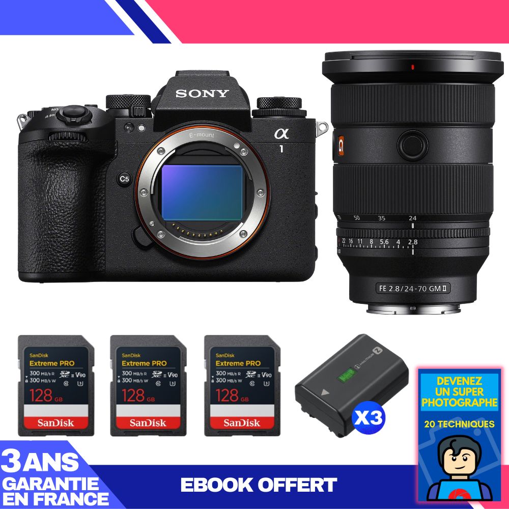 Sony Alpha 1 II Camera Body + FE 24-70mm f/2.8 GM II Lens + 3 SanDisk 128GB Extreme PRO UHS-II SDXC Cards + 3 Sony NP-FZ100 Batteries + Ebook 'Become a Super Photographer'