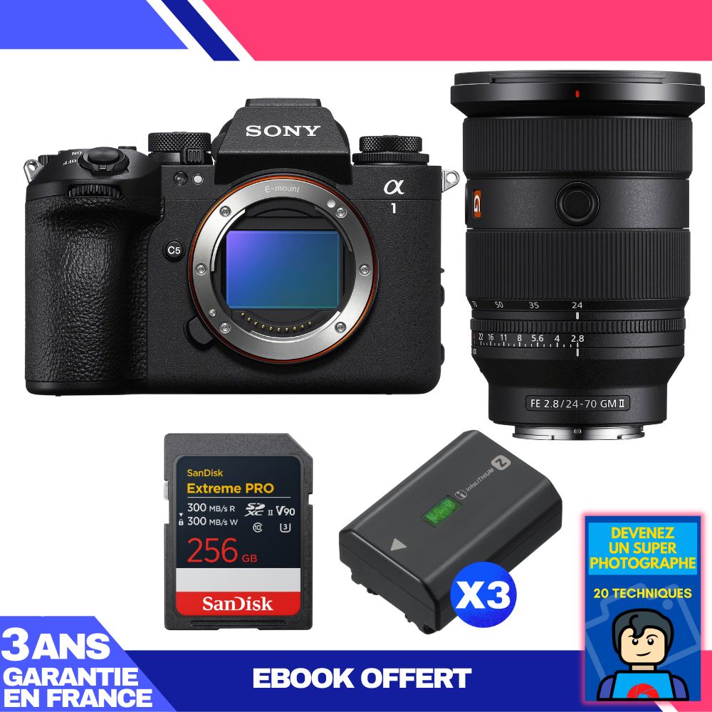 Sony Alpha 1 II Camera Body + FE 24-70mm f/2.8 GM II Lens + 1 SanDisk 256GB Extreme PRO UHS-II SDXC Card + 3 Sony NP-FZ100 Batteries + 'Become a Super Photographer Ebook