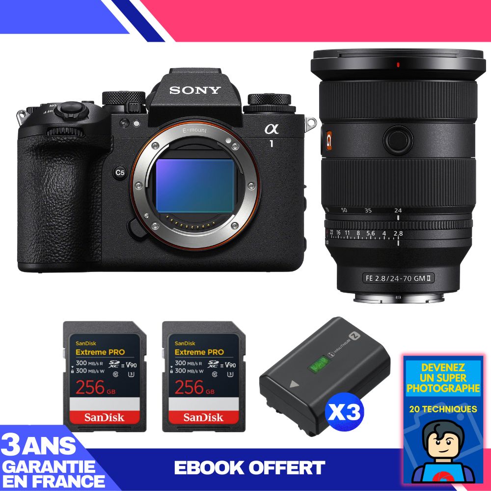 Sony Alpha 1 II Camera Body + FE 24-70mm f/2.8 GM II Lens + 2 SanDisk 256GB Extreme PRO UHS-II SDXC Cards + 3 Sony NP-FZ100 Batteries + Ebook 'Become a Super Photographer'