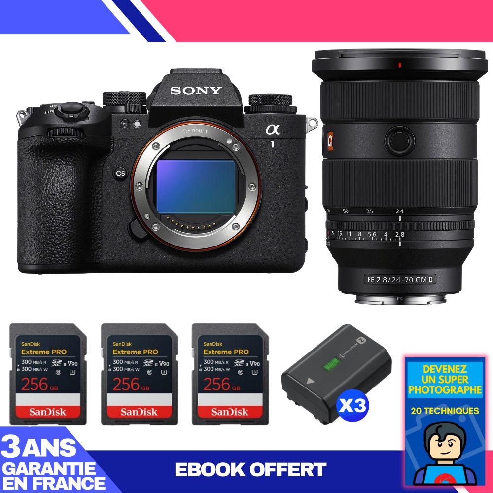 Sony Alpha 1 II Camera Body + FE 24-70mm f/2.8 GM II Lens + 3 SanDisk 256GB Extreme PRO UHS-II SDXC Cards + 3 Sony NP-FZ100 Batteries + Ebook 'Become a Super Photographer'