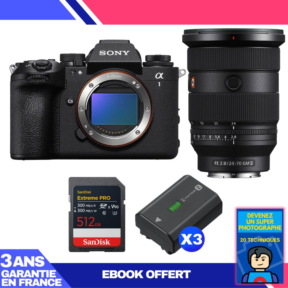 Sony Alpha 1 II Camera Body + FE 24-70mm f/2.8 GM II Lens + 1 SanDisk 512GB Extreme PRO UHS-II SDXC Card + 3 Sony NP-FZ100 Batteries + Ebook 'Become a Super Photographer'