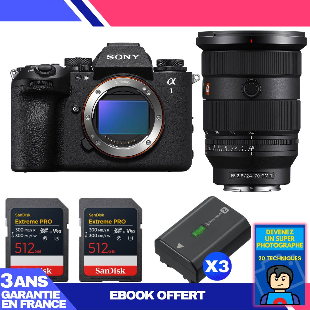 Sony Alpha 1 II Body + FE 24-70mm f/2.8 GM II Lens + 2 SanDisk 512GB Extreme PRO UHS-II SDXC Cards + 3 Sony NP-FZ100 Batteries + 'Become a Super Photographer' Ebook