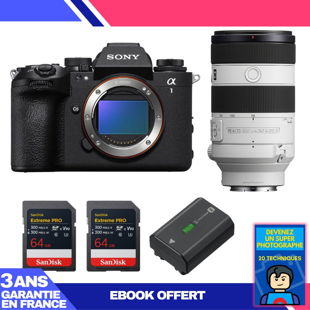 Sony Alpha 1 II Camera Body + FE 70-200mm f/4 Macro G OSS II Lens + 2 SanDisk 64GB Extreme PRO UHS-II SDXC Cards + Sony NP-FZ100 Battery + 'Become a Super Photographer Ebook