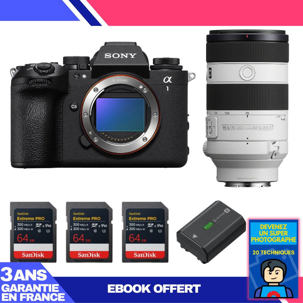 Sony Alpha 1 II Body + FE 70-200mm f/4 Macro G OSS II + 3 SanDisk 64GB Extreme PRO UHS-II SDXC Cards + Sony NP-FZ100 Battery + Ebook 'Devenez Un Super Photographe