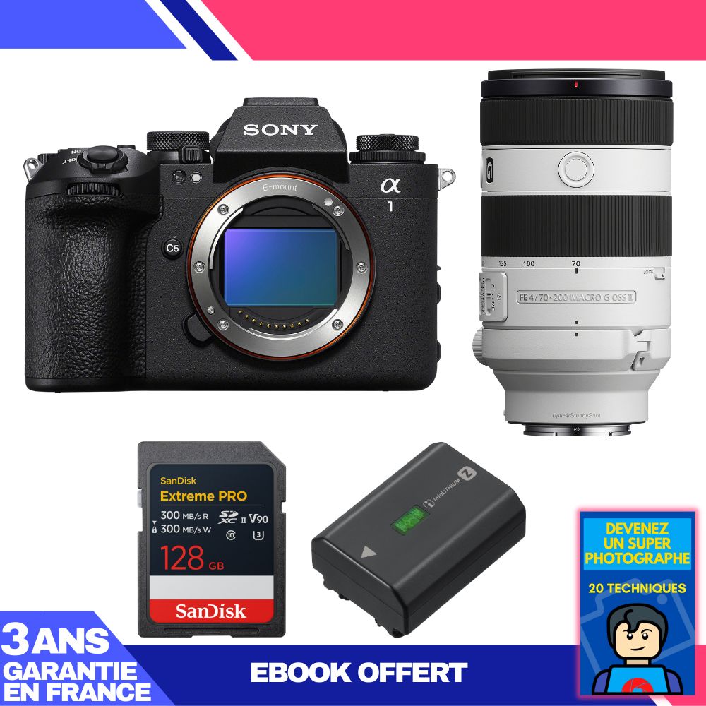 Sony Alpha 1 II Body + FE 70-200mm f/4 Macro G OSS II Lens + 1 SanDisk 128GB Extreme PRO UHS-II SDXC Card + Sony NP-FZ100 Battery + 'Become a Super Photographer' Ebook