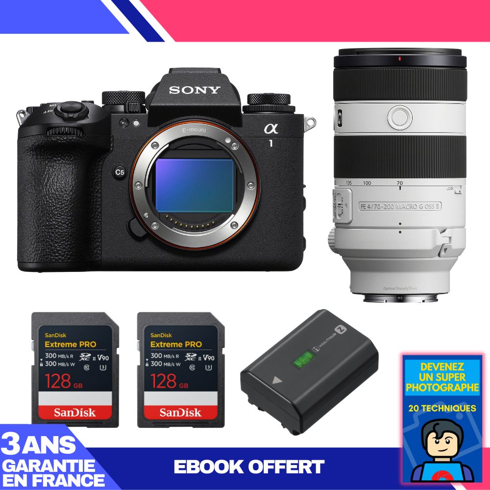 Sony Alpha 1 II Camera Body + FE 70-200mm f/4 Macro G OSS II Lens + 2x SanDisk 128GB Extreme PRO UHS-II SDXC Cards + Sony NP-FZ100 Battery + Ebook 'Become a Super Photographer'