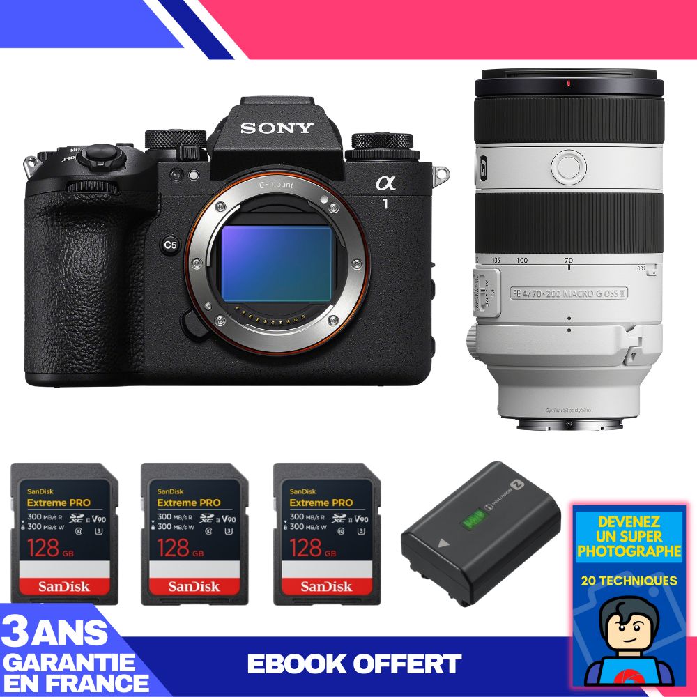 Sony Alpha 1 II Body + FE 70-200mm f/4 Macro G OSS II + 3x 128GB SanDisk Extreme PRO UHS-II SDXC + Sony NP-FZ100 + Ebook 'Devenez Un Super Photographe