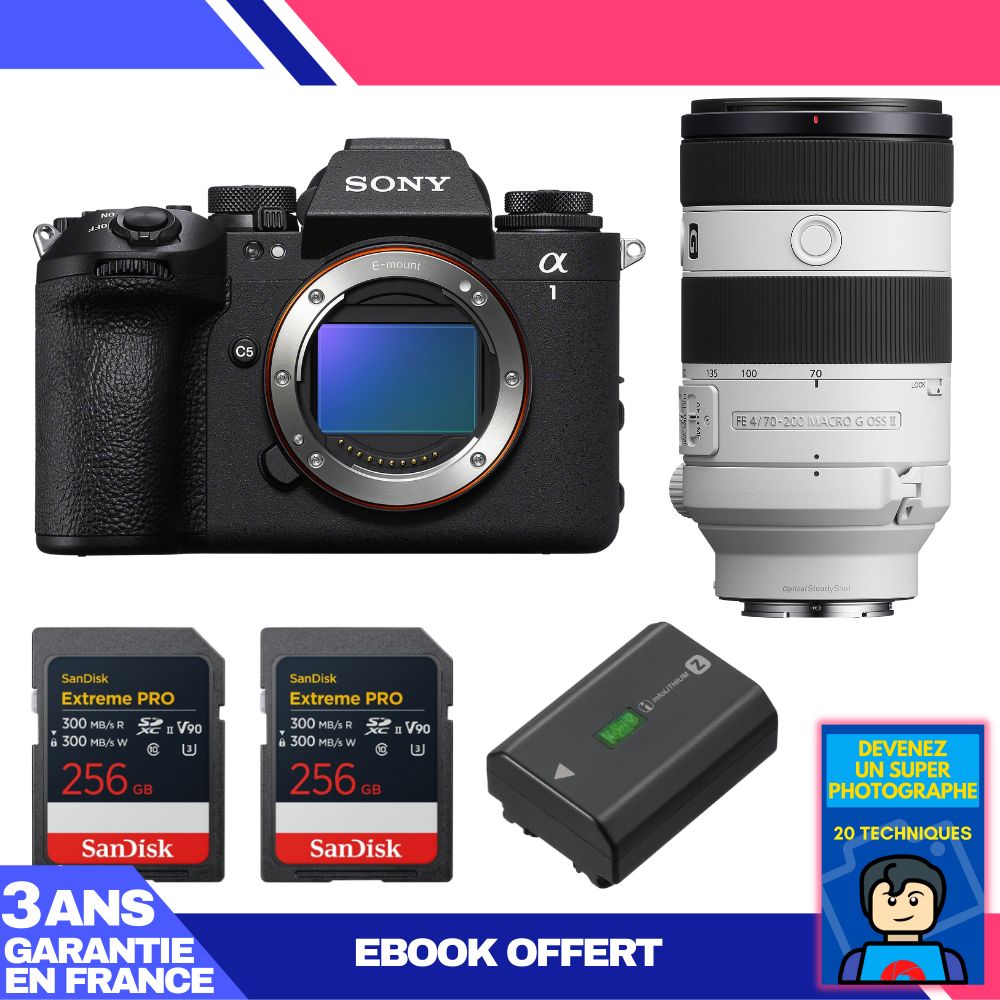 Sony Alpha 1 II Camera Body + FE 70-200mm f/4 Macro G OSS II Lens + 2x SanDisk 256GB Extreme PRO UHS-II SDXC Cards + Sony NP-FZ100 Battery + Ebook 'Become a Super Photographer'