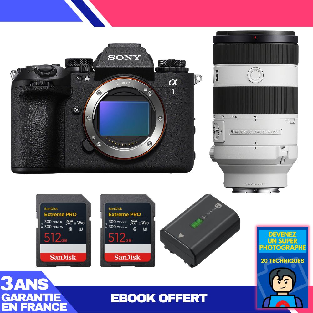 Sony Alpha 1 II Body + FE 70-200mm f/4 Macro G OSS II Lens + 2 SanDisk 512GB Extreme PRO UHS-II SDXC Cards + Sony NP-FZ100 Battery + Ebook 'Become a Super Photographer'