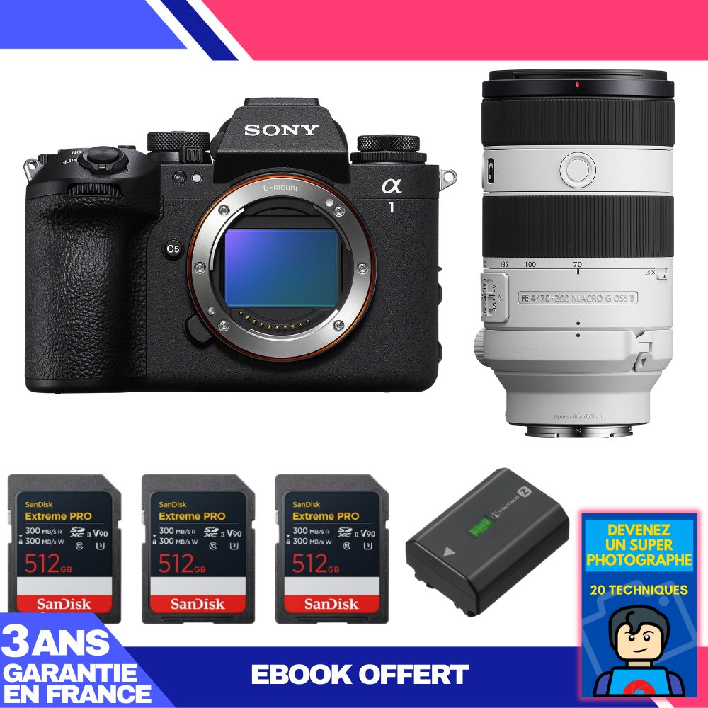 Sony Alpha 1 II Camera Body + FE 70-200mm f/4 Macro G OSS II Lens + 3x SanDisk 512GB Extreme PRO UHS-II SDXC Cards + Sony NP-FZ100 Battery + 'Become a Super Photographer Ebook
