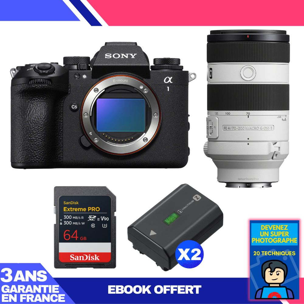 Sony Alpha 1 II Camera Body + FE 70-200mm f/4 Macro G OSS II Lens + 1 SanDisk 64GB Extreme PRO UHS-II SDXC Card + 2 Sony NP-FZ100 Batteries + Ebook 'Devenez Un Super Photographe