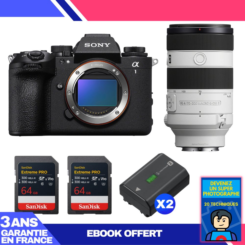 Sony Alpha 1 II Body + FE 70-200mm f/4 Macro G OSS II Lens + 2 SanDisk 64GB Extreme PRO UHS-II SDXC Cards + 2 Sony NP-FZ100 Batteries + Ebook 'Become a Super Photographer'