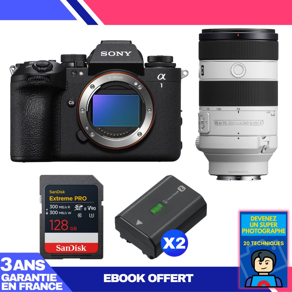 Sony Alpha 1 II Camera Body + FE 70-200mm f/4 Macro G OSS II Lens + 1 SanDisk 128GB Extreme PRO UHS-II SDXC Card + 2 Sony NP-FZ100 Batteries + Ebook 'Devenez Un Super Photographe