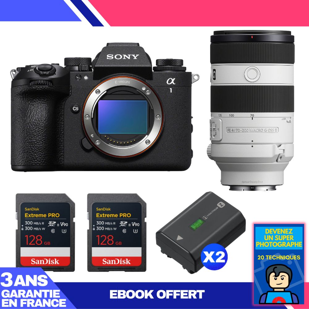 Sony Alpha 1 II Camera Body + FE 70-200mm f/4 Macro G OSS II Lens + 2 SanDisk 128GB Extreme PRO UHS-II SDXC Cards + 2 Sony NP-FZ100 Batteries + Ebook 'Devenez Un Super Photographe