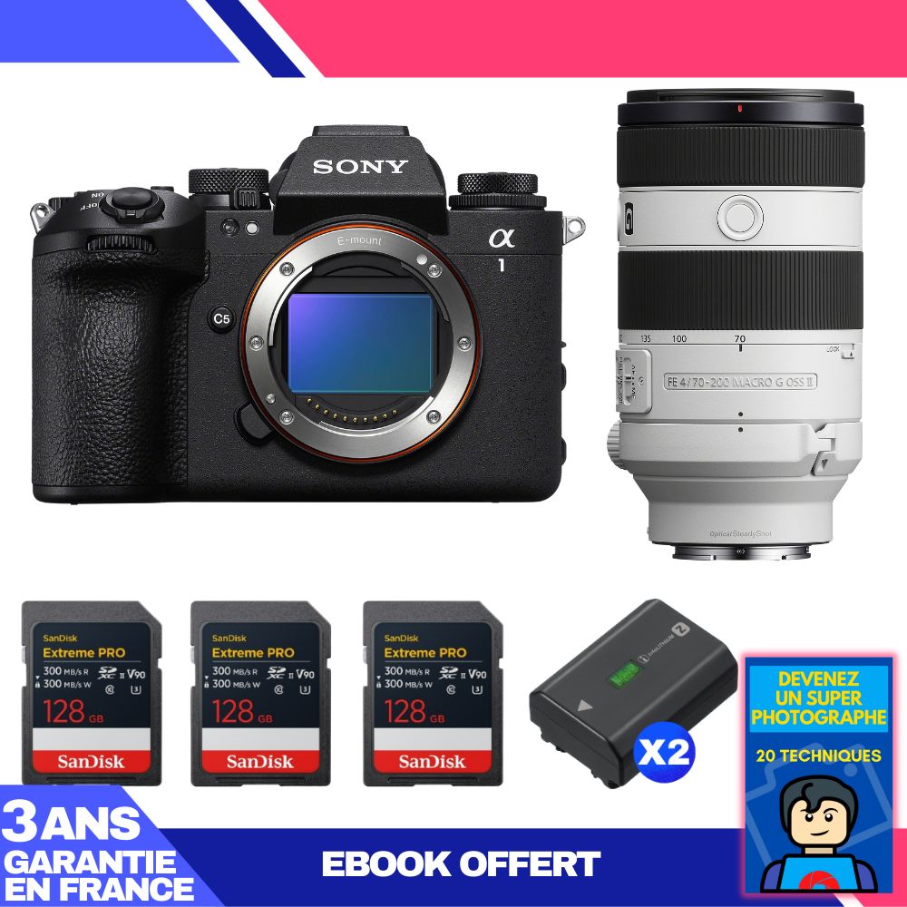 Sony Alpha 1 II Camera Body + FE 70-200mm f/4 Macro G OSS II Lens + 3 SanDisk 128GB Extreme PRO UHS-II SDXC Cards + 2 Sony NP-FZ100 Batteries + 'Become a Super Photographer' Ebook