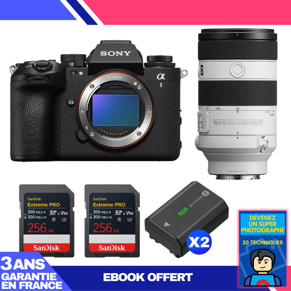 Sony Alpha 1 II Camera Body + FE 70-200mm f/4 Macro G OSS II Lens + 2x SanDisk 256GB Extreme PRO UHS-II SDXC Cards + 2x Sony NP-FZ100 Batteries + Ebook 'Become a Super Photographer'