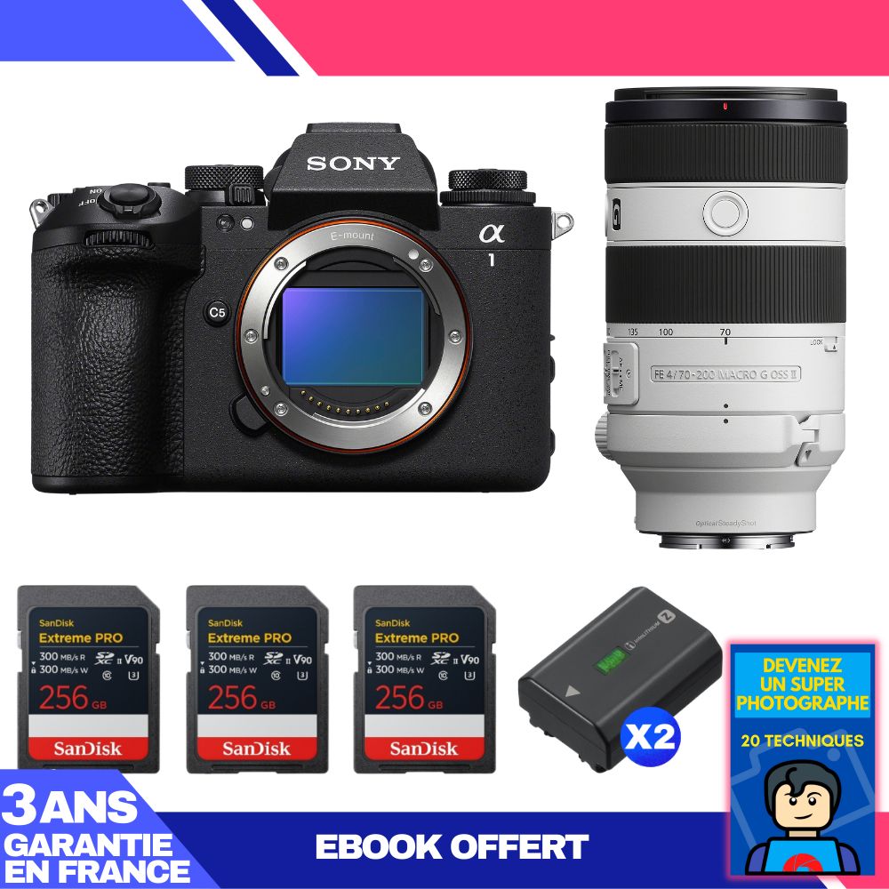 Sony Alpha 1 II Camera Body + FE 70-200mm f/4 Macro G OSS II Lens + 3 SanDisk 256GB Extreme PRO UHS-II SDXC Cards + 2 Sony NP-FZ100 Batteries + 'Become a Super Photographer' Ebook