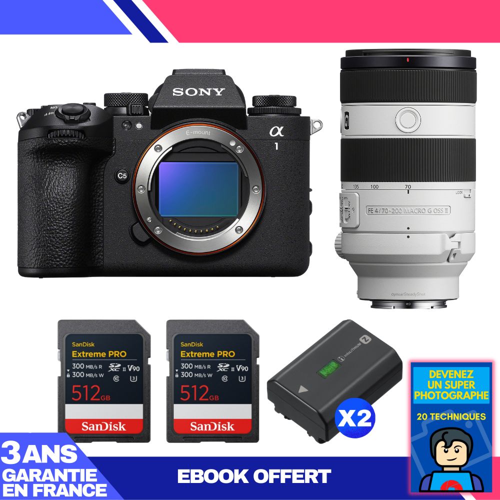 Sony Alpha 1 II Body + FE 70-200mm f/4 Macro G OSS II Lens + 2x 512GB SanDisk Extreme PRO UHS-II SDXC Cards + 2x Sony NP-FZ100 Batteries + Ebook 'Devenez Un Super Photographe'