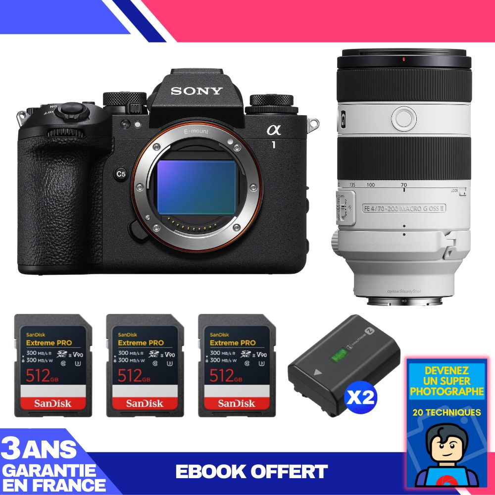 Sony Alpha 1 II Camera Body + FE 70-200mm f/4 Macro G OSS II Lens + 3 SanDisk 512GB Extreme PRO UHS-II SDXC Cards + 2 Sony NP-FZ100 Batteries + Ebook 'Become a Super Photographer'
