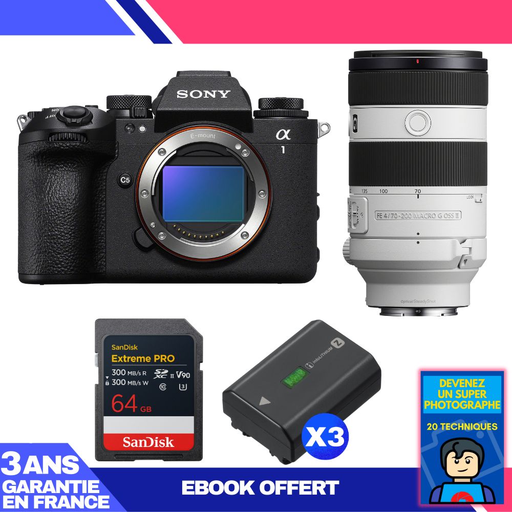 Sony Alpha 1 II Camera Body + FE 70-200mm f/4 Macro G OSS II Lens + 1 SanDisk 64GB Extreme PRO UHS-II SDXC + 3 Sony NP-FZ100 Batteries + Ebook 'Become a Super Photographer'