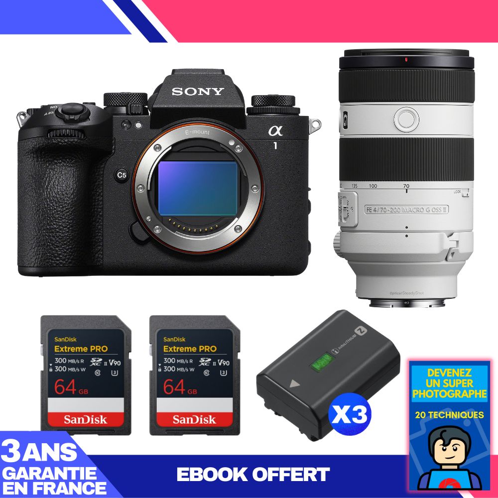 Sony Alpha 1 II Camera Body + FE 70-200mm f/4 Macro G OSS II Lens + 2 SanDisk 64GB Extreme PRO UHS-II SDXC Cards + 3 Sony NP-FZ100 Batteries + Ebook 'Devenez Un Super Photographe