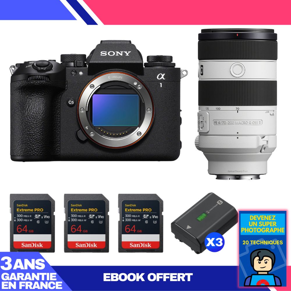 Sony Alpha 1 II Body + FE 70-200mm f/4 Macro G OSS II Lens + 3 SanDisk 64GB Extreme PRO UHS-II SDXC Cards + 3 Sony NP-FZ100 Batteries + Ebook 'Devenez Un Super Photographe