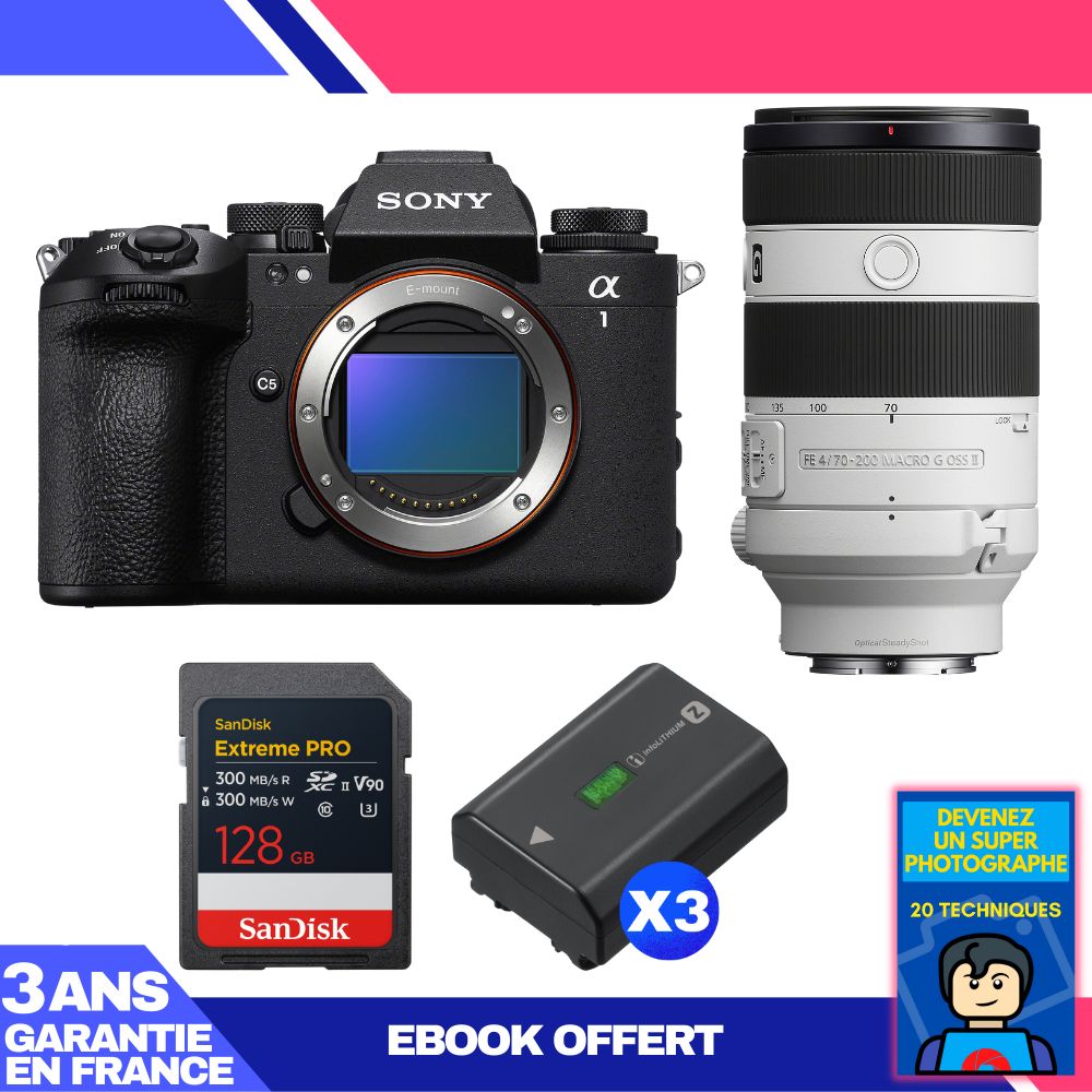 Sony Alpha 1 II Body + FE 70-200mm f/4 Macro G OSS II Lens + 1 SanDisk 128GB Extreme PRO UHS-II SDXC Card + 3 Sony NP-FZ100 Batteries + Ebook 'Become a Super Photographer'