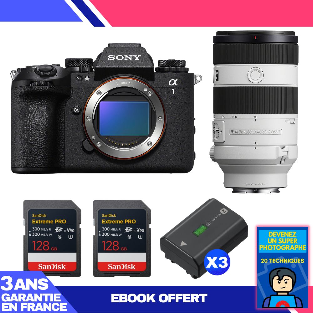 Sony Alpha 1 II Camera Body + FE 70-200mm f/4 Macro G OSS II Lens + 2 SanDisk 128GB Extreme PRO UHS-II SDXC Cards + 3 Sony NP-FZ100 Batteries + Ebook 'Become a Super Photographer'